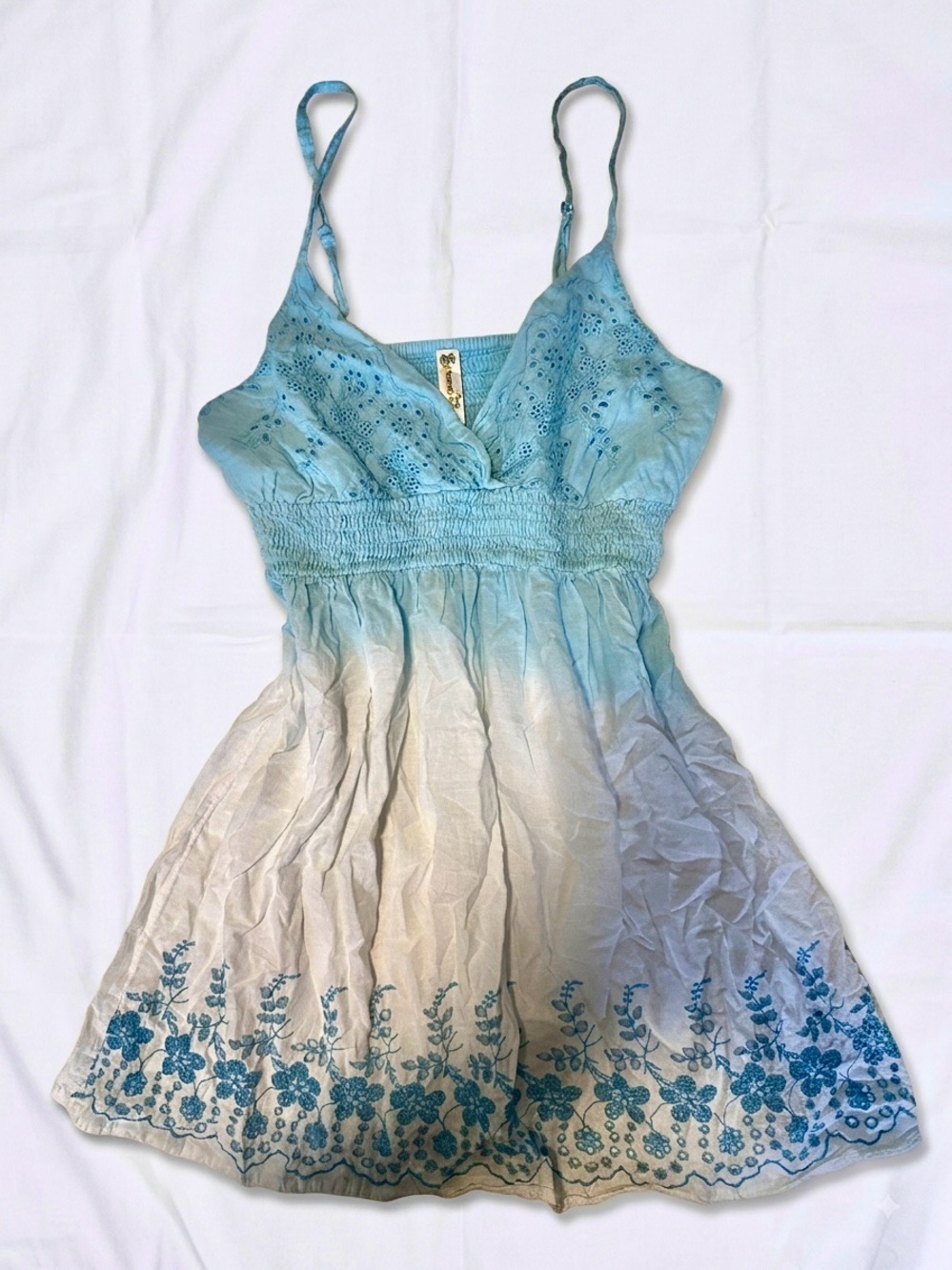 Y2K Shoreline Boho Floral Embroidered Eyelet Ombre Summer Dress